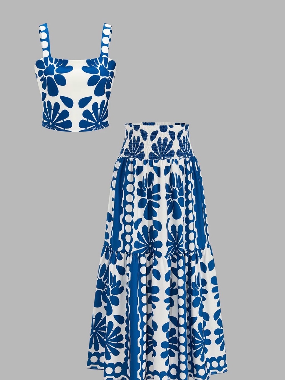 Commense Blue and White Floral Smocked Maxi Skirt